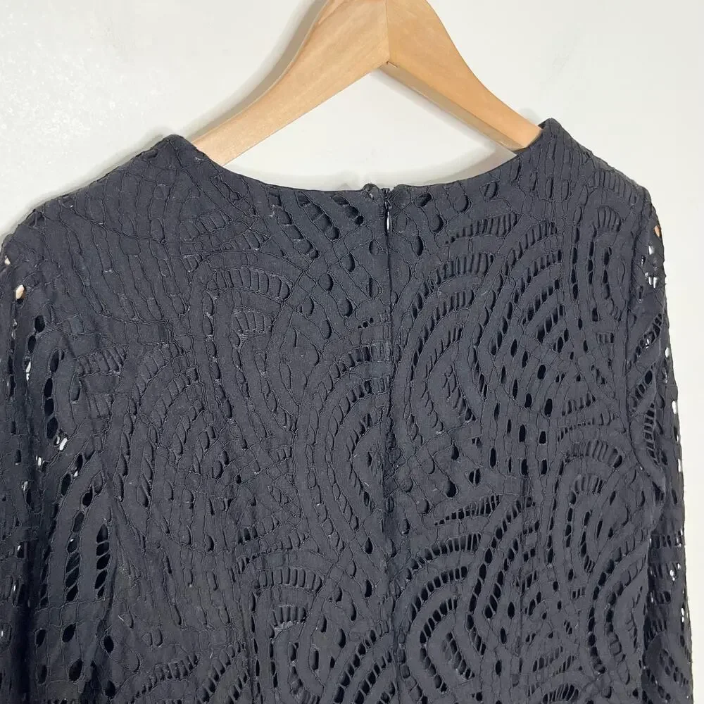 Boden Zeta Lace Top Size 6 Black Long Sleeve Lined Openwork Blouse
